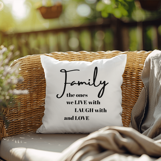 “Family LIVE, LAUGH, LOVE” Outdoor Pillow – Premium UV-Resistant Cushion for Patio, Porch, or Garden Décor