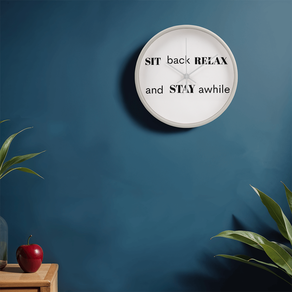 Engraved “Sit Back, Relax & Stay Awhile” Clock – Perfect Welcome Piece for Living Room or Entryway